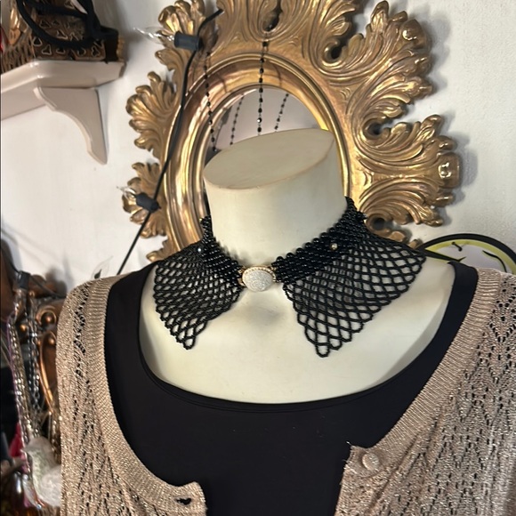 Vintage Black Crocheted Bead Bib Collar Necklace - Picture 3 of 10
